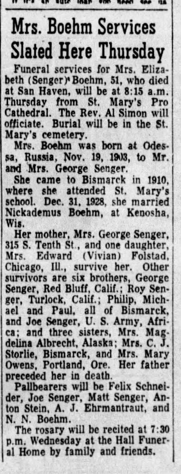 Elizabeth Agnes Senger Boehm obituary 1954